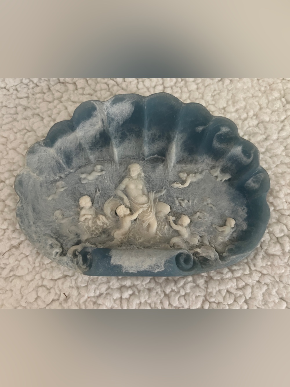 Vintage Genuine Incolay Stone soap/Trinket Dish Blue w/white Venus & Cherubs